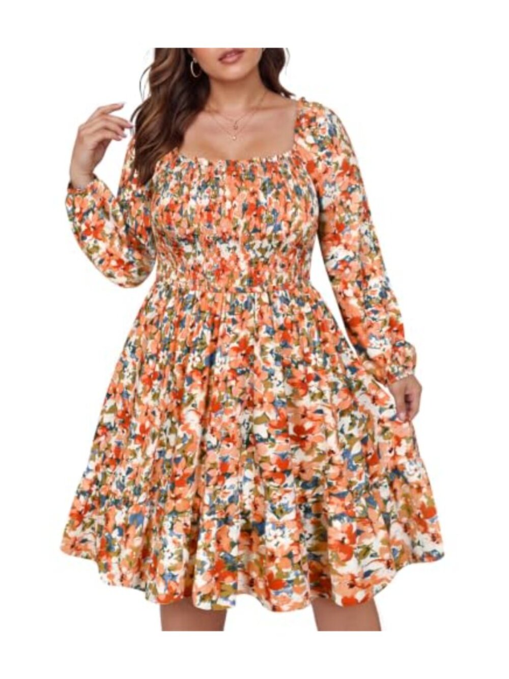 Plus Size Mini Dress Square Neck Puff Sleeve A-Line Casual